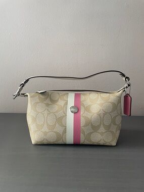 Coach Beige Signature Stripe Hand Bag with Pink Accents